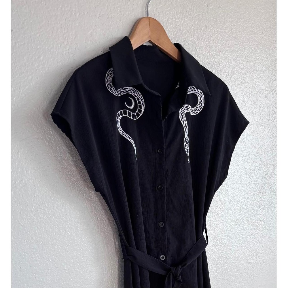 Gothic Snake Embroidered Button Front Belted Midi Shirt Dress L Black Whimsigoth - Picture 11 of 12